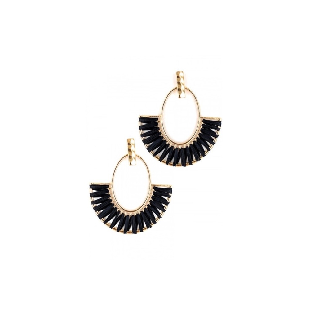BLACK RAFFIA GOLD HOOP EARRINGS